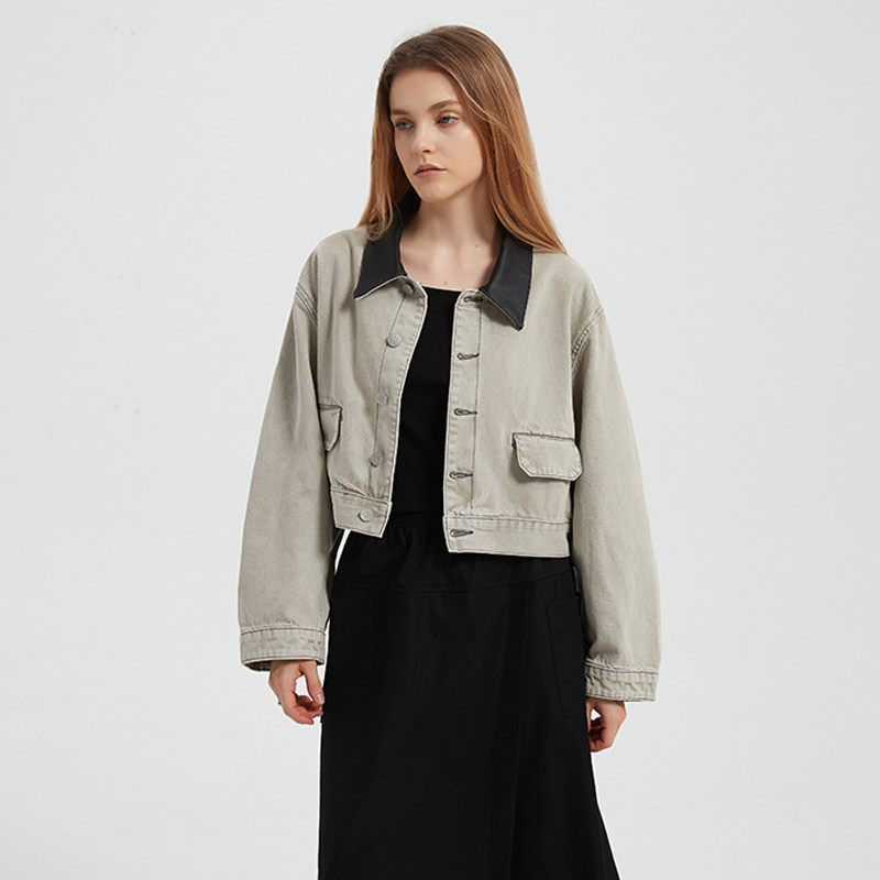 Petit Bari女士拼接真皮领水洗短款牛仔外套 松弛有度 潇洒舒适,女装/女士精品,短外套,淘宝优惠券,粉丝福利购,淘宝优惠卷