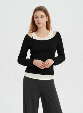 Petit Bari法式一字肩针织上衣 修身显瘦绵羊毛气质打底衫