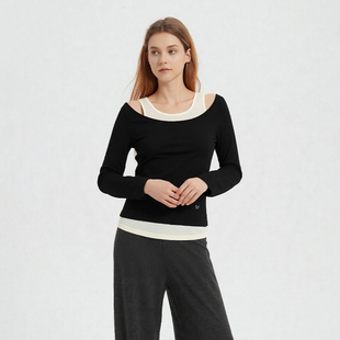 Petit Bari气质显瘦假两件镂空拼接针织上衣