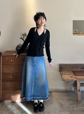 Petit Bari 百搭水洗A字版牛仔半身长裙女 休闲随性 复古通勤