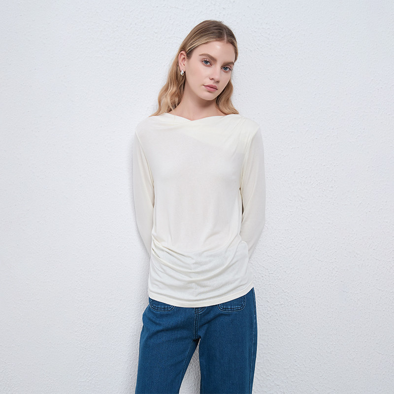 Petit Bari慵懒艺术不规则褶皱一字领打底上衣女 秋冬保暖