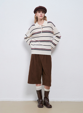 Petit Bari复古简约灯芯绒直筒中裤五分裤女 秋冬 对称压褶显瘦