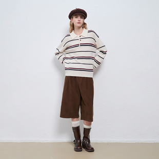 秋冬 Petit 女 五分裤 对称压褶显瘦 Bari复古简约灯芯绒直筒中裤