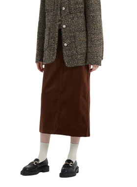 Petit Bari春夏灯芯绒半身裙女 高腰A字后开衩过膝复古显瘦中长裙