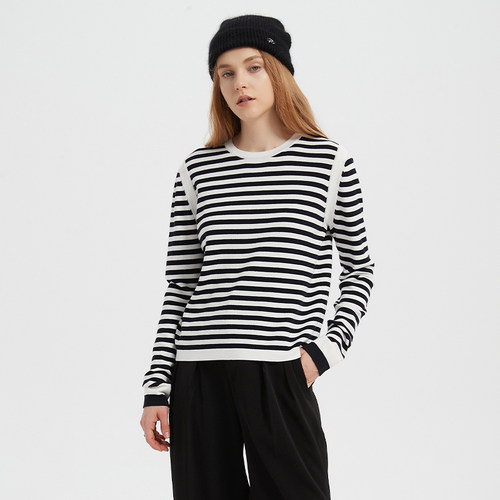 撞色条纹针织宽松长袖上衣