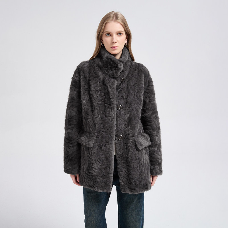 Petit Bari慵懒感立领卷毛环保皮草中长款大衣外套女 秋冬