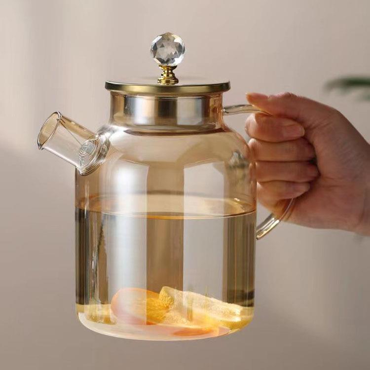 玻璃冷水壶凉水壶高硼硅玻璃大容量凉开水杯扎壶琥珀金轻奢竹盖壶