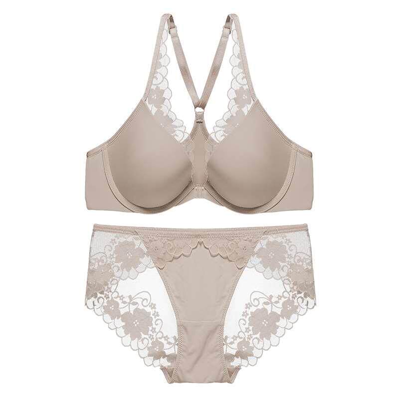 维密哆光面蕾丝y型美背胸罩前扣聚拢文胸夏日薄款性感内衣套装