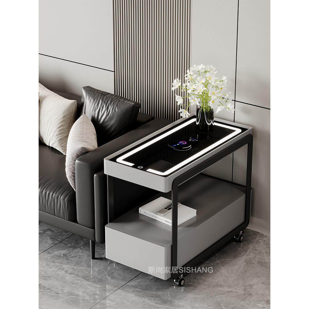 多功能沙发边柜带无线充电客厅沙发边几柜轻奢高级感移动茶几整装
