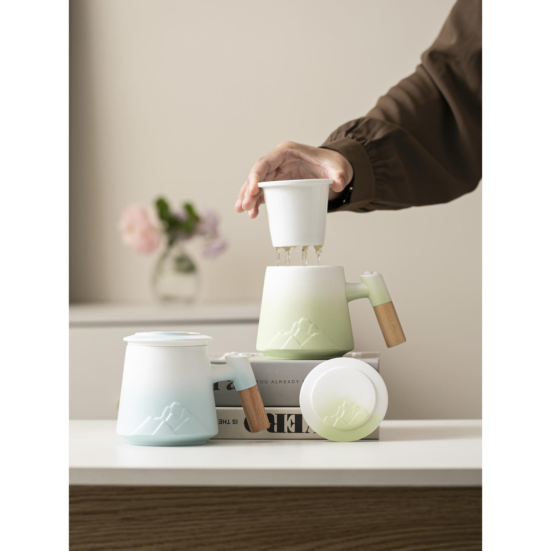 陶瓷马克杯带盖过滤大容量泡茶杯茶水分离办公杯个人专用水杯定制