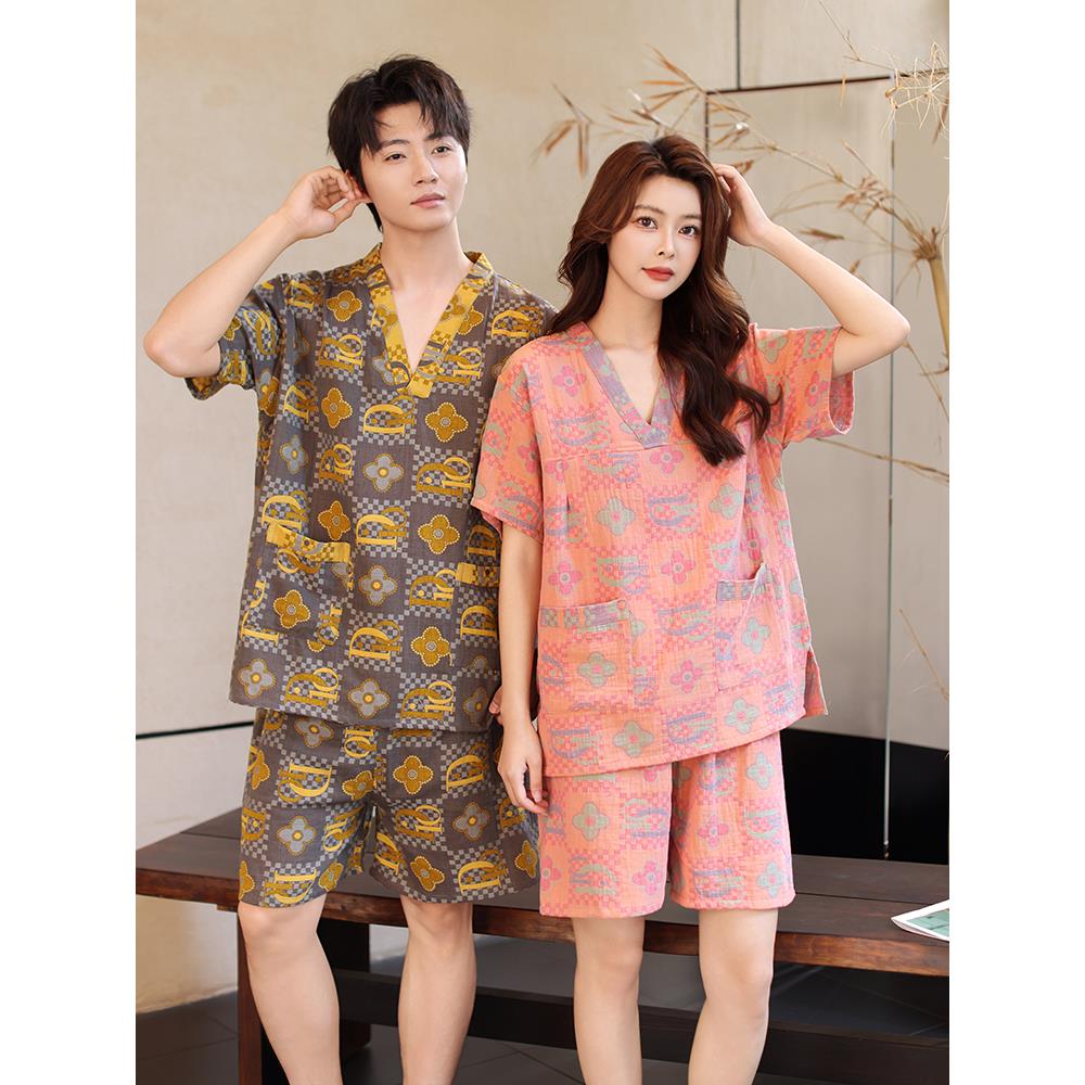 芙瑞琪 纯棉双层沙家居睡衣女款汗蒸服洗浴大码男款浴衣桑拿服