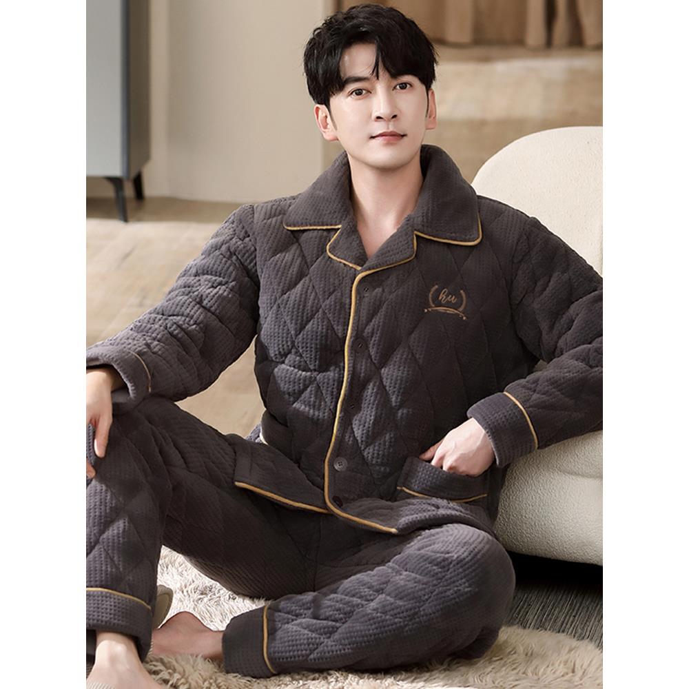 男士睡衣2024年冬季新款珊瑚绒加厚加绒三层夹棉法兰绒可外穿套装