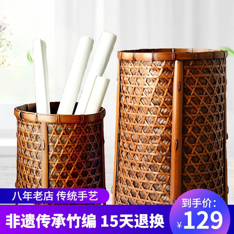 卷轴收纳筐防水防潮宣纸书桶复古色书房装饰画筒桶圆形竹筐字画筐