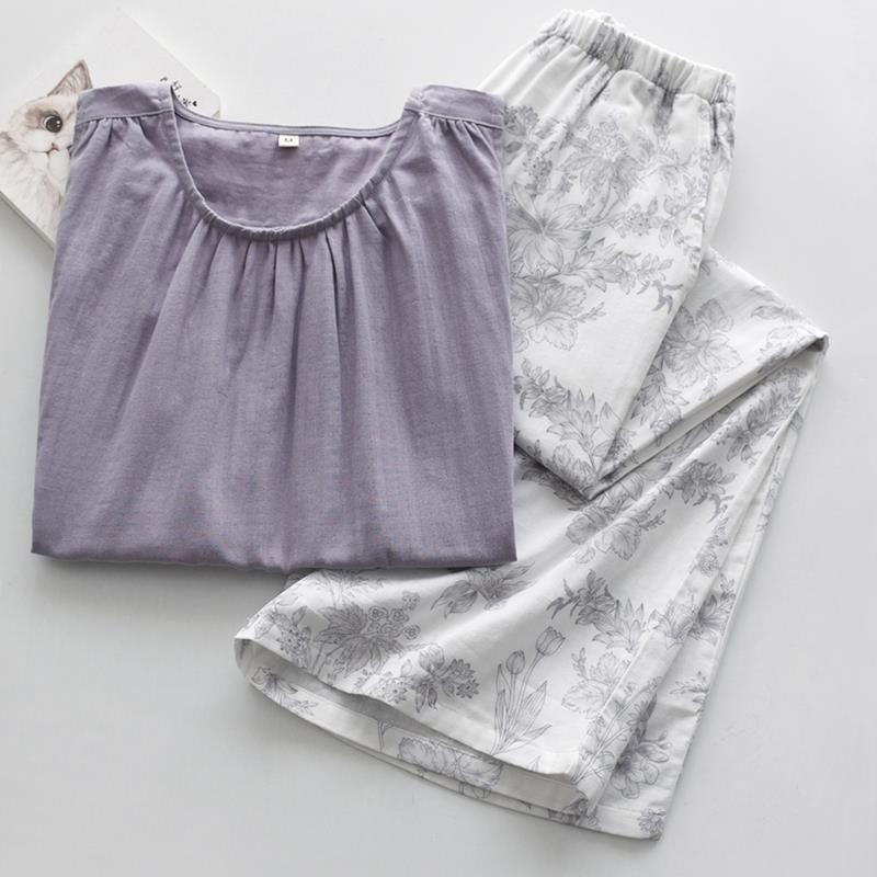 高级感睡衣女夏季纯棉纱布薄款无袖背心九分裤家居服套装可外穿