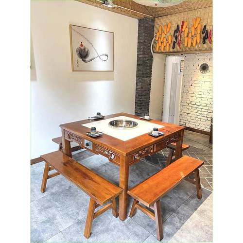 火锅桌椅组合商用燃气灶电磁炉一体桌子饭店餐馆用大理石开洞圆桌