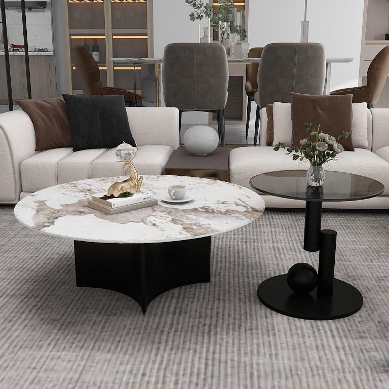 岩板茶几客厅家用小户型圆形现代简约玻璃边几组合意式轻奢高级感