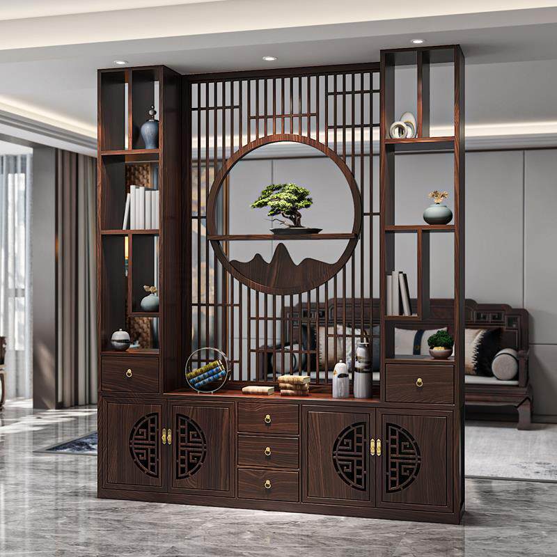 客厅餐厅玄关遮挡置物架实木格栅入户进门储物柜新中式屏风隔断柜