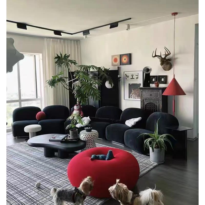北欧简约现代中古风模块小钢牙自由组合客厅弧形黑色布艺沙发组合