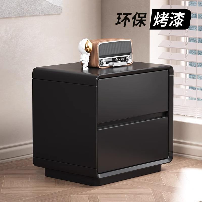 全实木烤漆床头柜2025新款轻奢高级感岩板简约现代黑色床边置物柜
