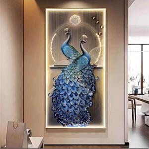 灯光烤瓷镶钻新中式装饰画孔雀玄关挂画定制铝合金边框LED灯画