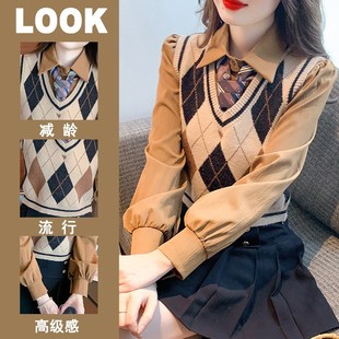 速发2复24春秋新款别致小众学院风0古针织马甲盐系穿搭三件套