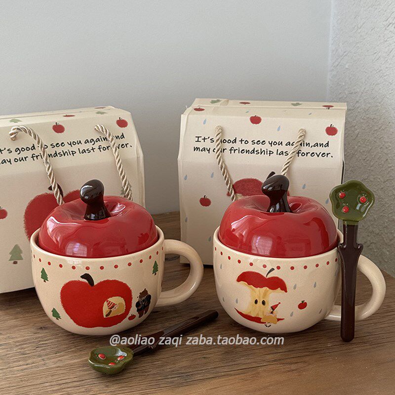 速发圣诞礼颜生日可爱陶瓷水杯带高勺家用咖啡杯盖物值创意马克杯