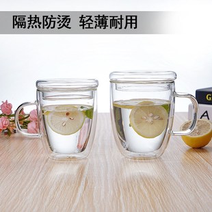 双层透明玻璃水杯带o盖勺隔热泡茶杯家用办公室创意带把咖啡杯子