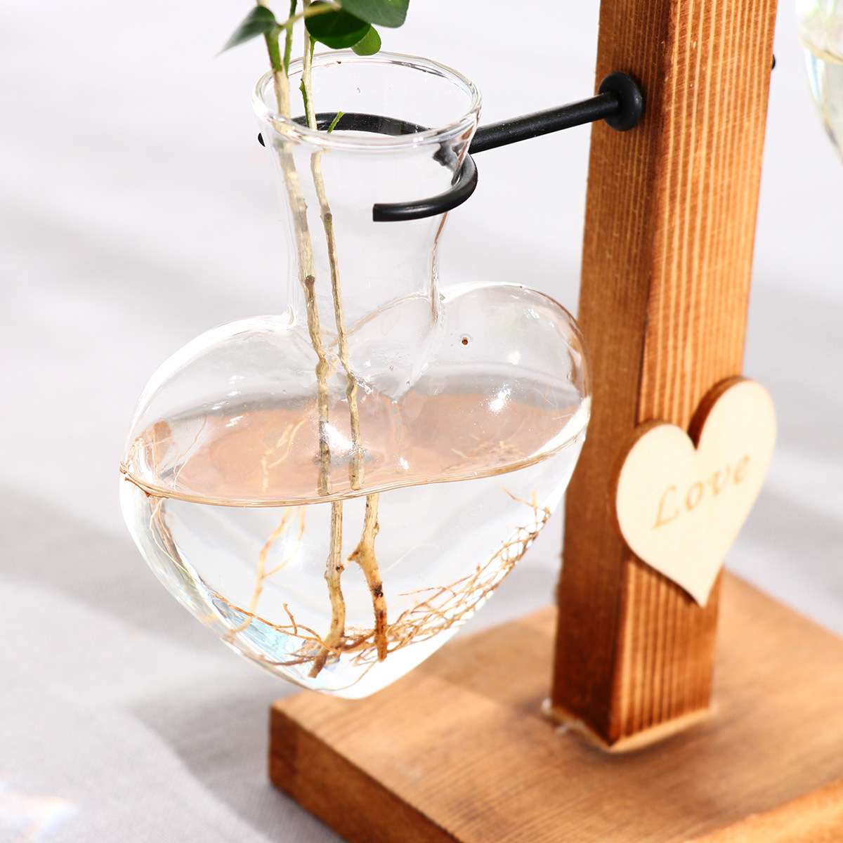 创意love爱心水培玻璃花瓶木质客厅插花摆件套植物干花透明容器瓶