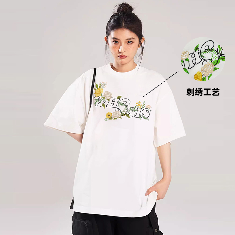 WHSSIS官方店绣花logo休闲圆领刺绣短袖t恤男女潮牌男女同款夏季