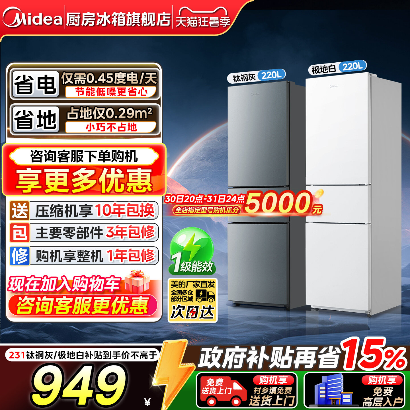 【政府换新补贴】美的191/231双门三门冰箱小型家用宿舍租房一级