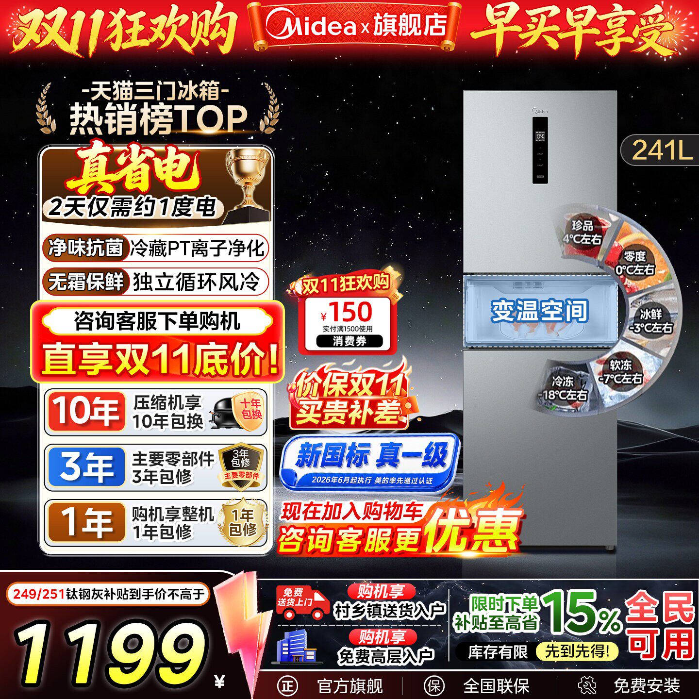 【政府补贴】美的249/251/283三门冰箱一级风冷无霜家用宿