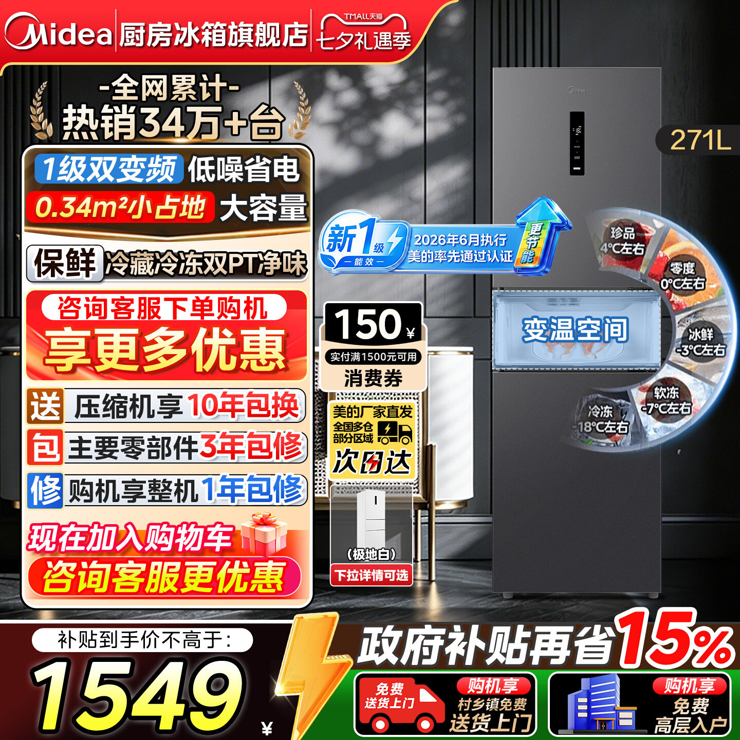 【新国标1级】美的283三开门风冷无霜家用一级能效租房宿舍小冰箱 - 实物图