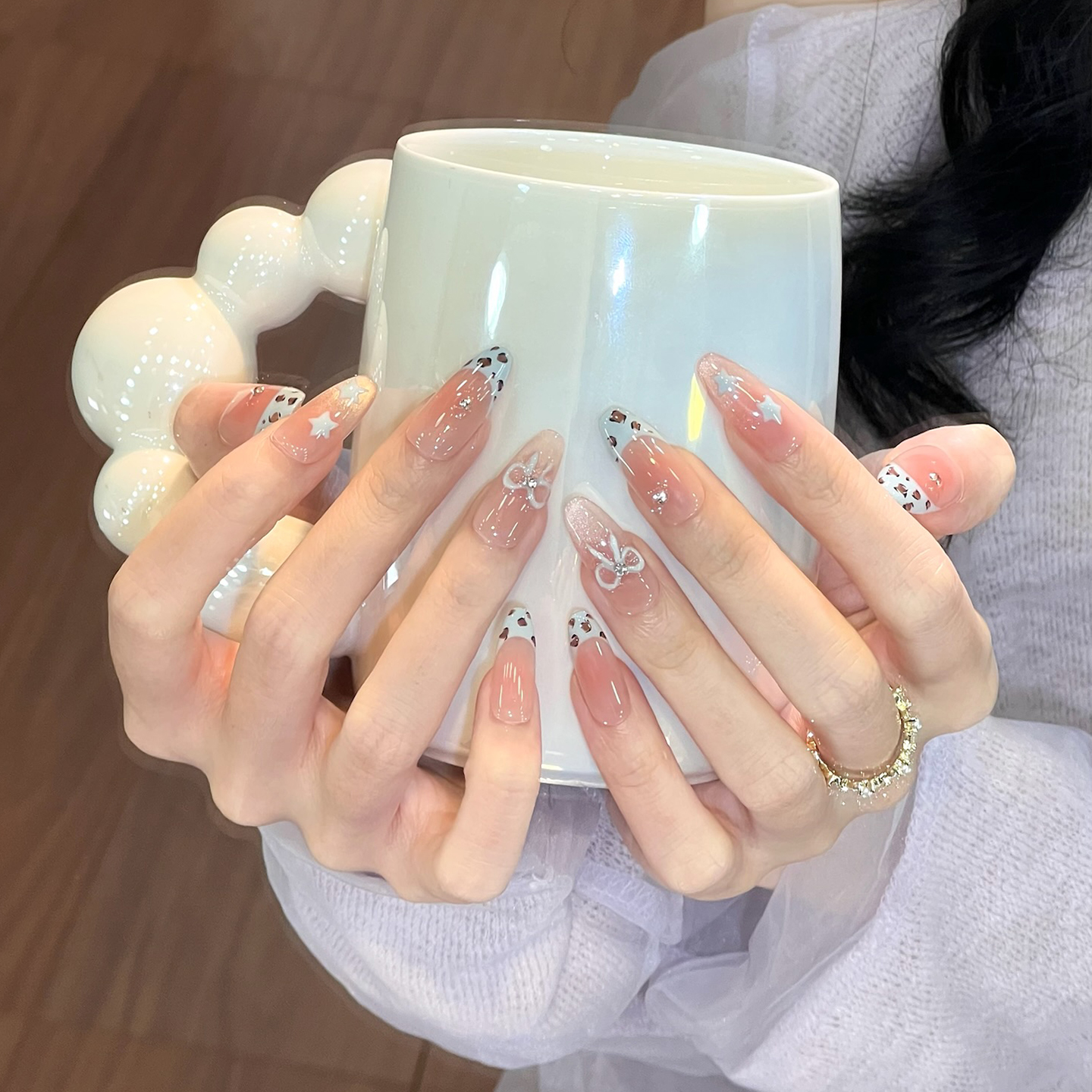 法式蓝星豹纹蝴蝶结美甲穿戴甲椭圆中长款