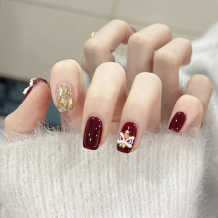 植兔新年款红醒狮手工穿戴甲短款秋冬猫眼烟花美甲显白高品质贴片