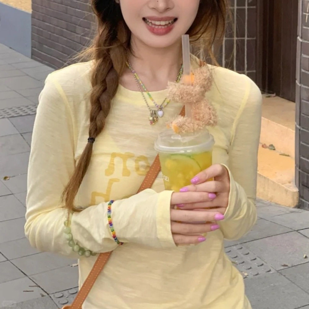 黄色字母印花防晒罩衫t恤女夏季薄款微透轻薄修身辣妹长袖上衣女
