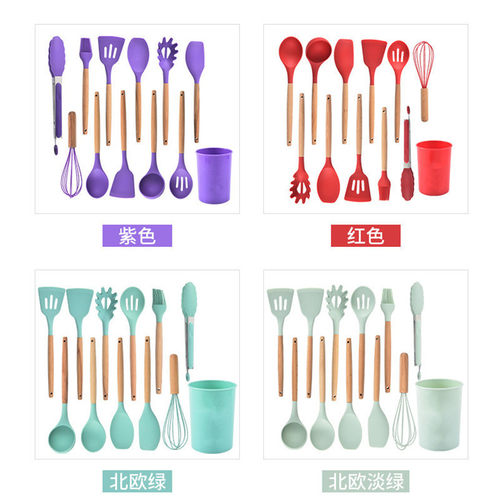 不粘锅硅胶铲汤勺硅胶厨具十二件套装木柄硅胶厨具12件套厨具套装