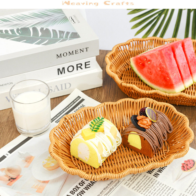 创意仿藤编pp果盘塑料碟子零食小吃托盘波浪形边糖果面包编织篮