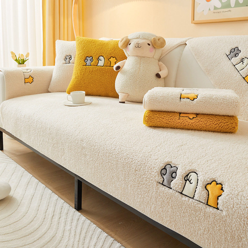 卡通童趣羊羔绒沙发垫冬季保暖蓄热毛绒加厚沙发套罩防滑全包盖布