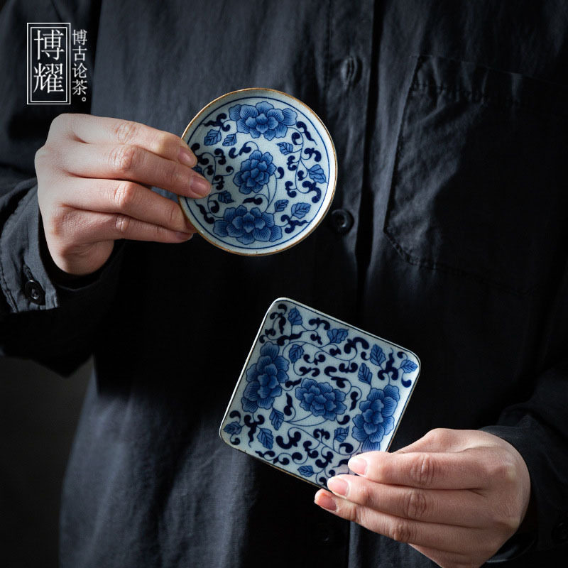 中式方形手绘青花隔热杯垫陶瓷功夫茶具小茶垫杯托茶道小碟子配件