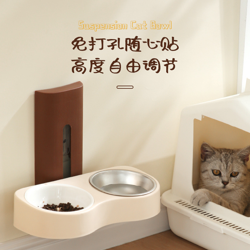 挂壁宠物双碗不锈钢防打翻猫碗狗碗水粮一体可调节高脚陶瓷喂食碗