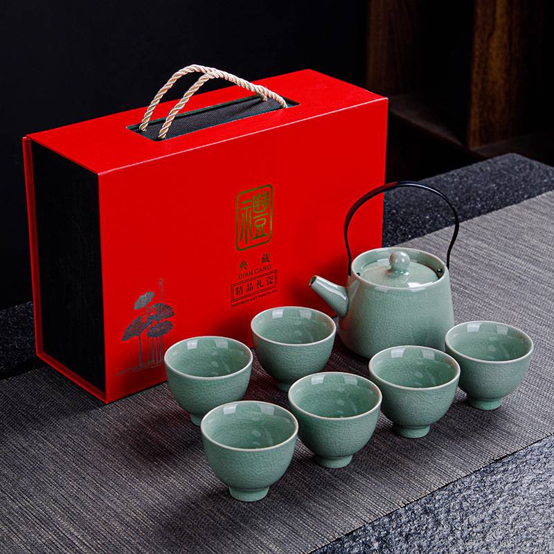 中秋节茶具送礼商务礼品套装哥窑汝窑一壶六杯礼盒冰裂釉