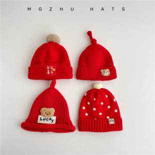 红色婴儿帽子秋冬款男女童小月龄婴幼儿宝宝针织帽满月喜庆毛线帽