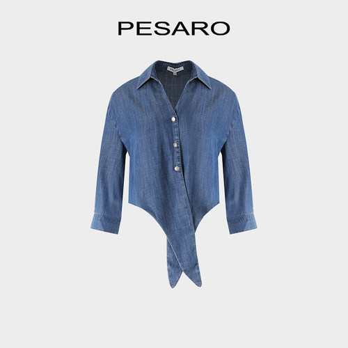 PESARO复古牛仔风女衬衫翻领长袖系带收腰显瘦上衣5109-7067