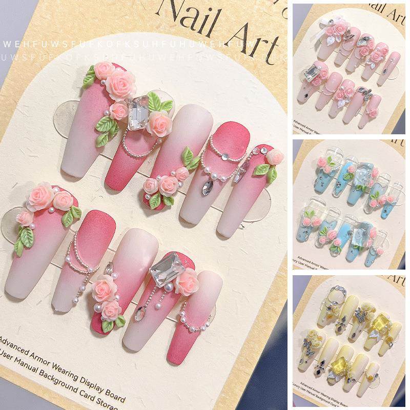 新款穿戴甲材料包尖底方糖美甲钻立体月季玫瑰花珍珠美甲饰品混装
