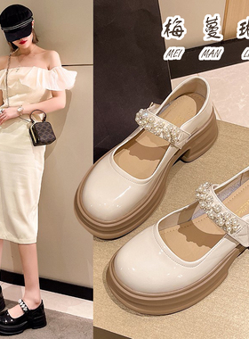 梅蔓琳白色玛丽珍鞋女2025春秋平底法式单鞋厚底配裙子小皮鞋英伦