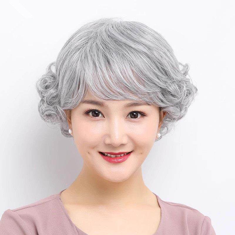 中老年假发女短发妈妈款真头发透气 女士花白色奶奶假发套全真发