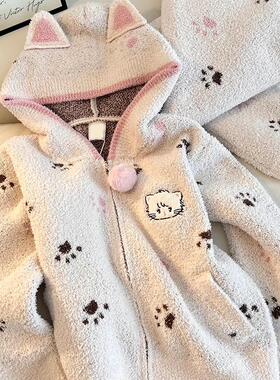 Sin Glee 可爱猫爪半边绒针织睡衣女冬款加绒加厚保暖家居服套装