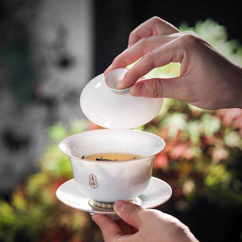 白瓷吉祥盖碗茶杯单个大号三才盖碗景德镇薄胎陶瓷功夫茶具敬茶碗