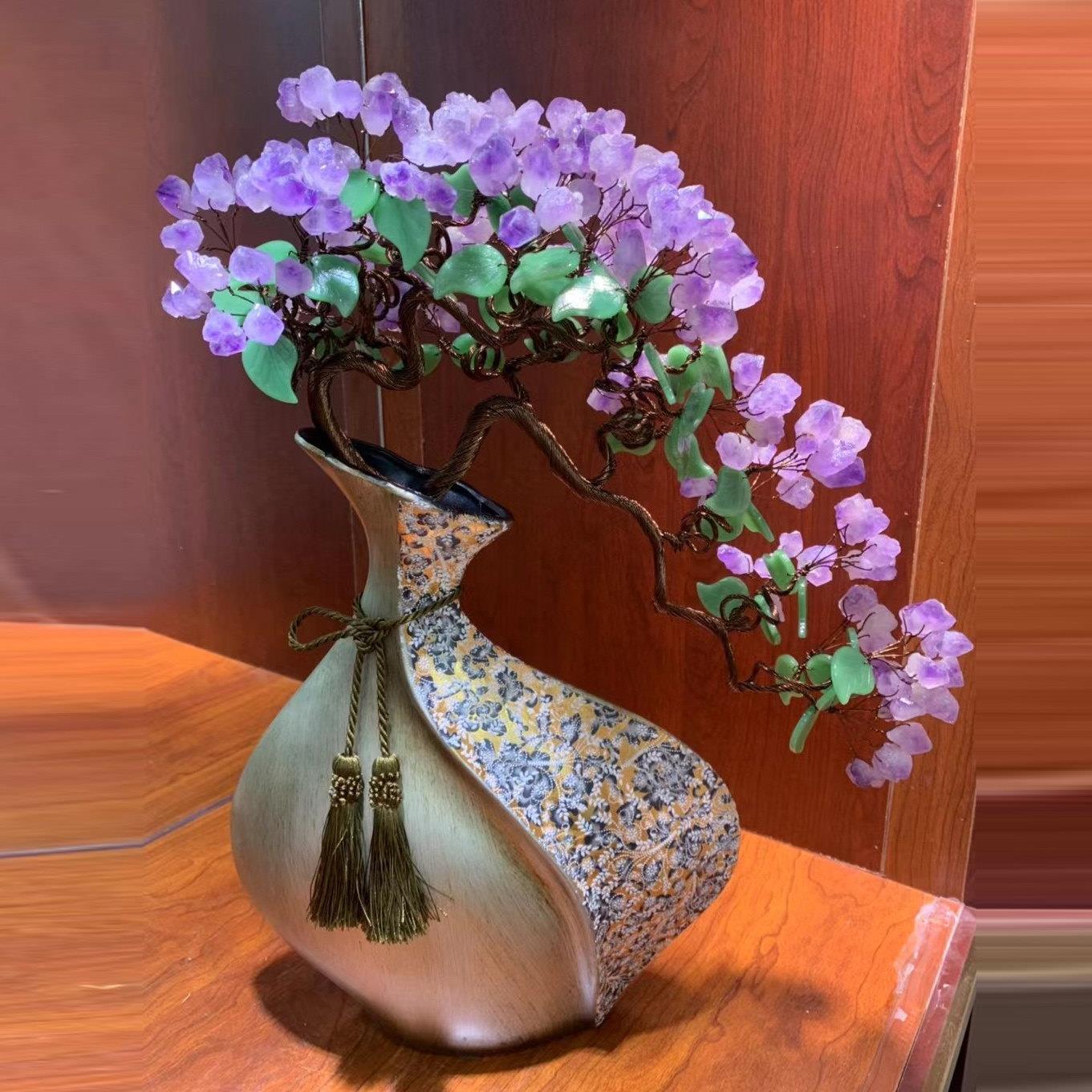 天然紫水晶摇钱树发财招财桌面摆件黄水晶家居客厅玄关电视柜聚财