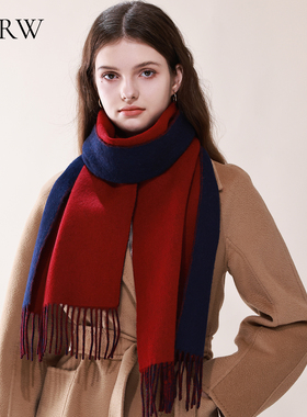 2025新款双面设计纯色羊毛围巾时尚百搭女士秋冬酒红靛蓝保暖围脖
